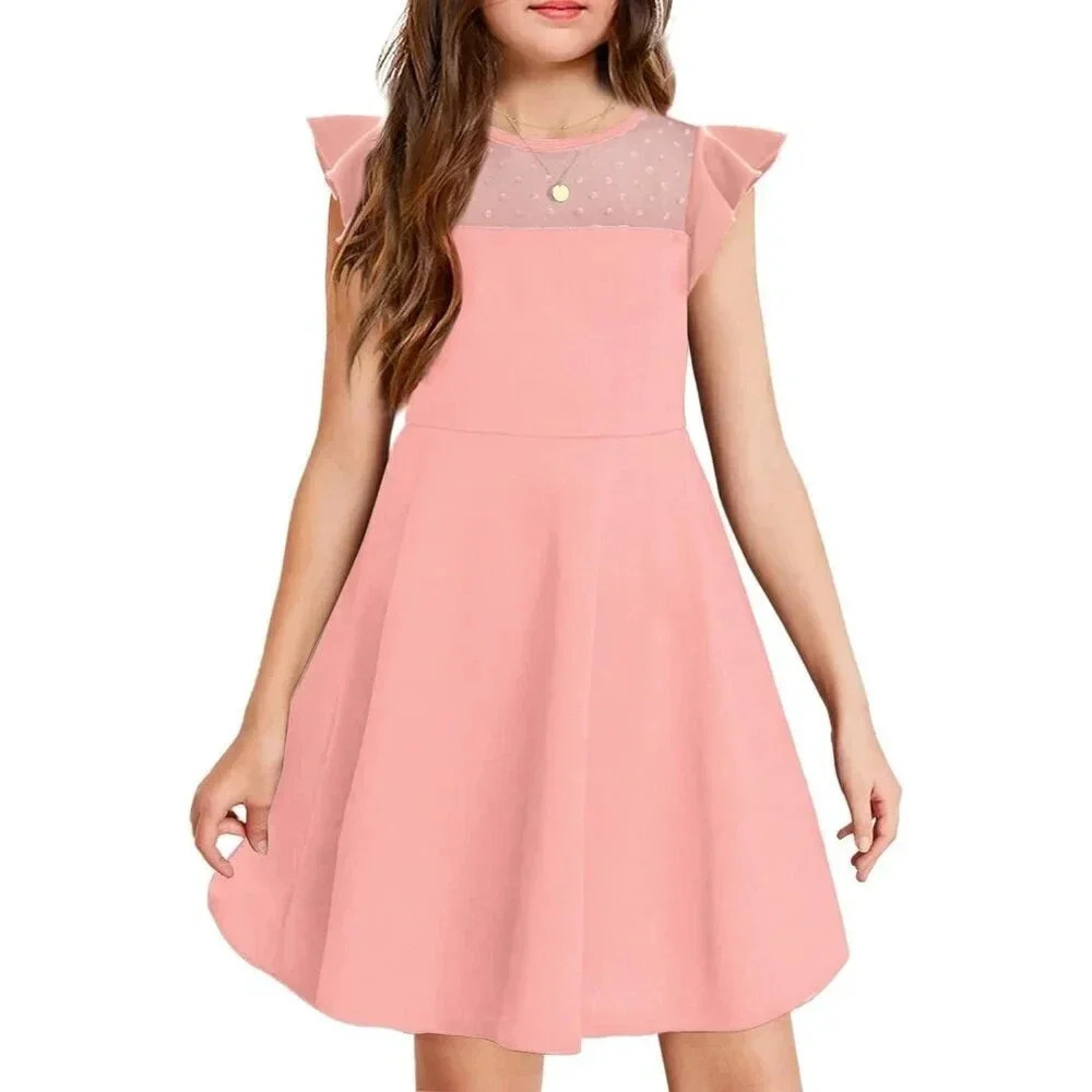 Girls Dress Summer Ruffle Sleeve Mesh A Line  Casual Party Dresses with Pockets